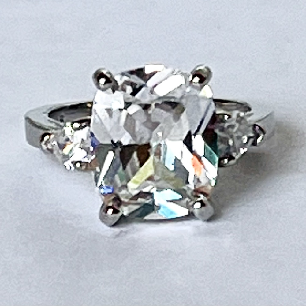 925 Silverplate Ring Womens Size 6.25 Sparkly Clear Square Simulated Stone